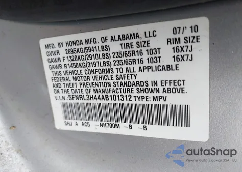 2010 Honda Odyssey Ex z USA, uszkodzony, nr VIN 5FNRL3H44AB101312